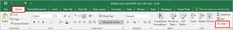Clicking 'Clear' in the Home tab of the Excel ribbon