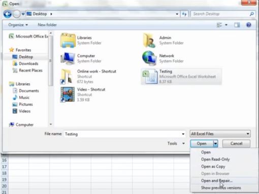 打开并修复excel2007文件