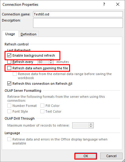 enable background refresh in connection properties window