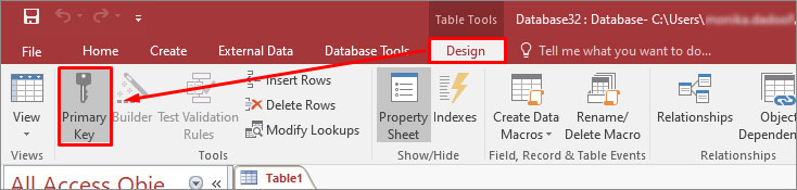 Click Design And Select Primary Key