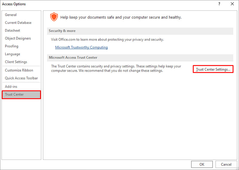 Click Trust Center In Trust Center Settings